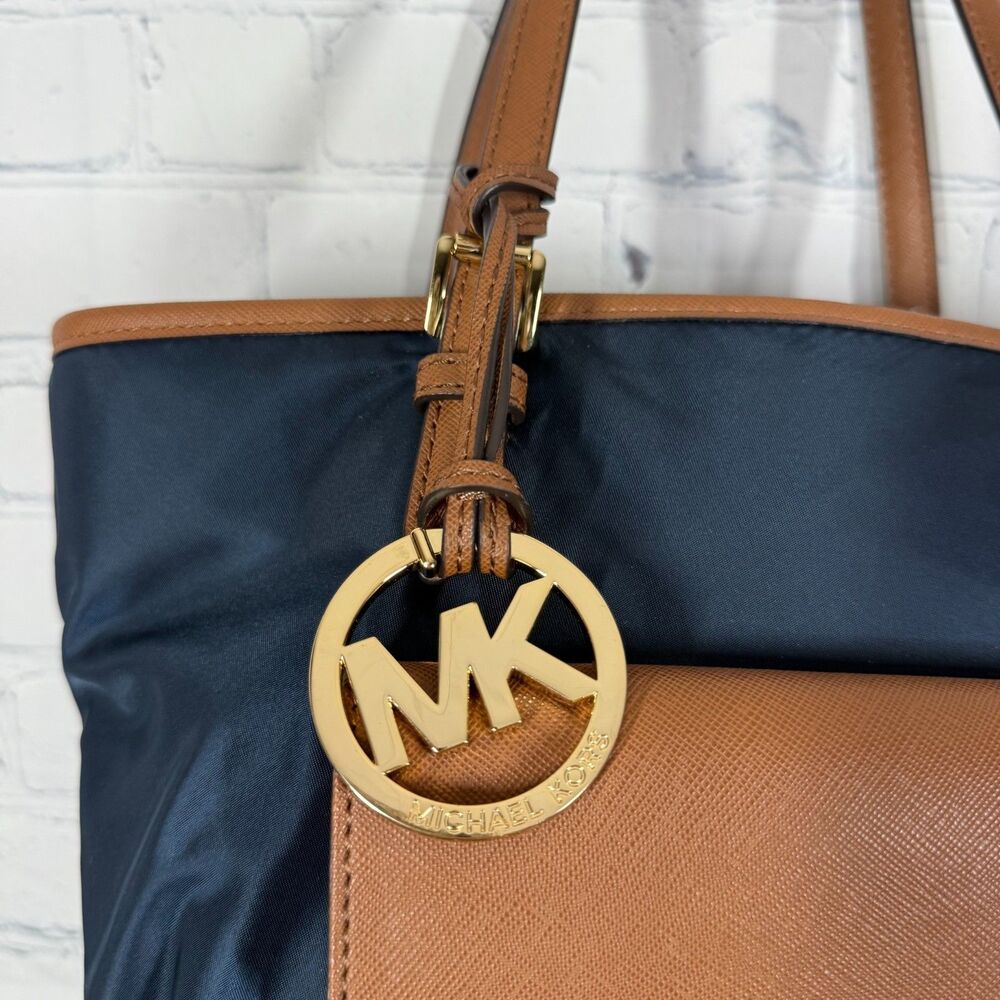 Michael Kors Canva Shoulder Tote Women Blue Colorblock Leather Trim Preppy Bag - Picture 10 of 16
